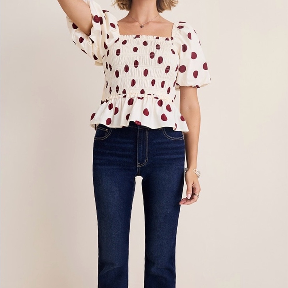 Francesca's Collections Cream and Red Polka Dot Blouse